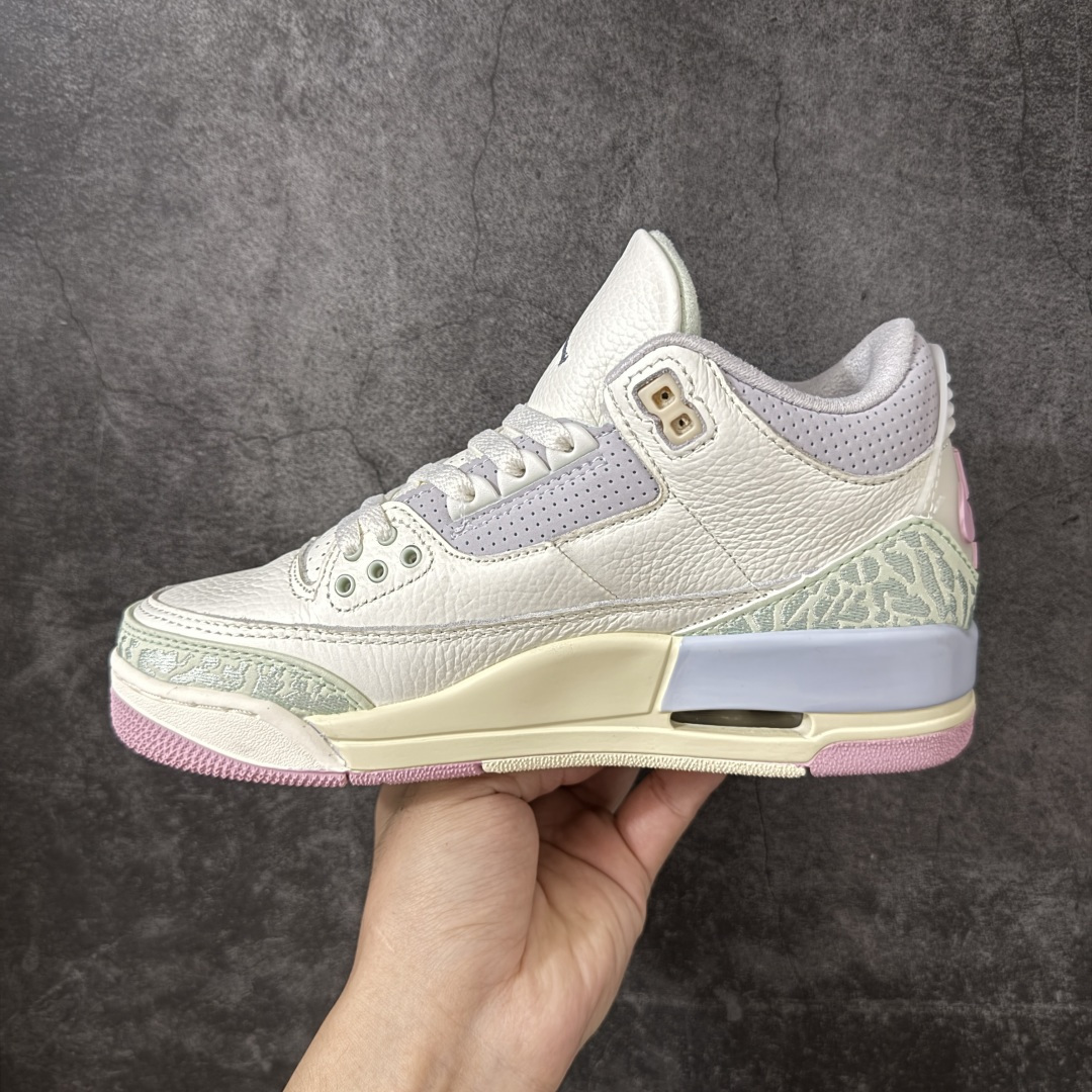 图片[2]-【外贸版】Air Jordan 3 Retro \”Easter\” AJ3 乔3马卡龙色系 IF4396-100  #通体采用纯白皮革打造，辅以浅绿、柔蓝、淡紫、婴儿粉等马卡龙色系点缀。奶白色中底收尾成型，丰富视觉层次，提升质感表现。整双鞋色调柔和克制、搭配协调，不浮夸却氛围感十足。经典爆裂纹由刺绣工艺替代传统压纹材质。光面皮革之上，以刺绣线条勾勒出更简洁、近似迷彩的视觉效果。半透明后跟织唛上，Nike Air 标识以柔和婴儿粉呈现，延续整鞋春日浅色系主题。  尺码：36 36.5 37.5 38 38.5 39 40 40.5 41 42 42.5 43 44 44.5 45 46 47.5-选品中心
