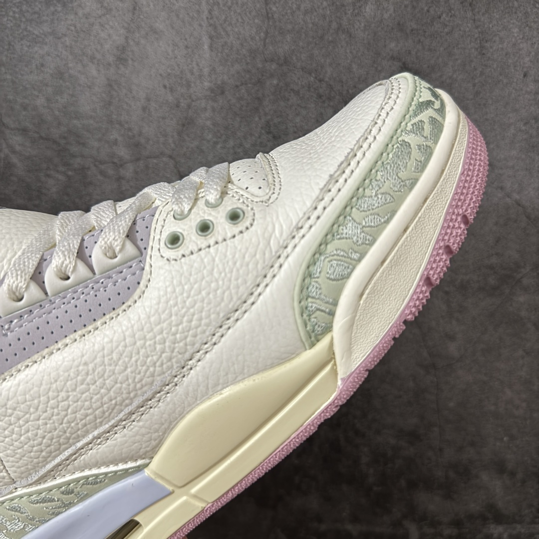 图片[6]-【外贸版】Air Jordan 3 Retro \”Easter\” AJ3 乔3马卡龙色系 IF4396-100  #通体采用纯白皮革打造，辅以浅绿、柔蓝、淡紫、婴儿粉等马卡龙色系点缀。奶白色中底收尾成型，丰富视觉层次，提升质感表现。整双鞋色调柔和克制、搭配协调，不浮夸却氛围感十足。经典爆裂纹由刺绣工艺替代传统压纹材质。光面皮革之上，以刺绣线条勾勒出更简洁、近似迷彩的视觉效果。半透明后跟织唛上，Nike Air 标识以柔和婴儿粉呈现，延续整鞋春日浅色系主题。  尺码：36 36.5 37.5 38 38.5 39 40 40.5 41 42 42.5 43 44 44.5 45 46 47.5-选品中心