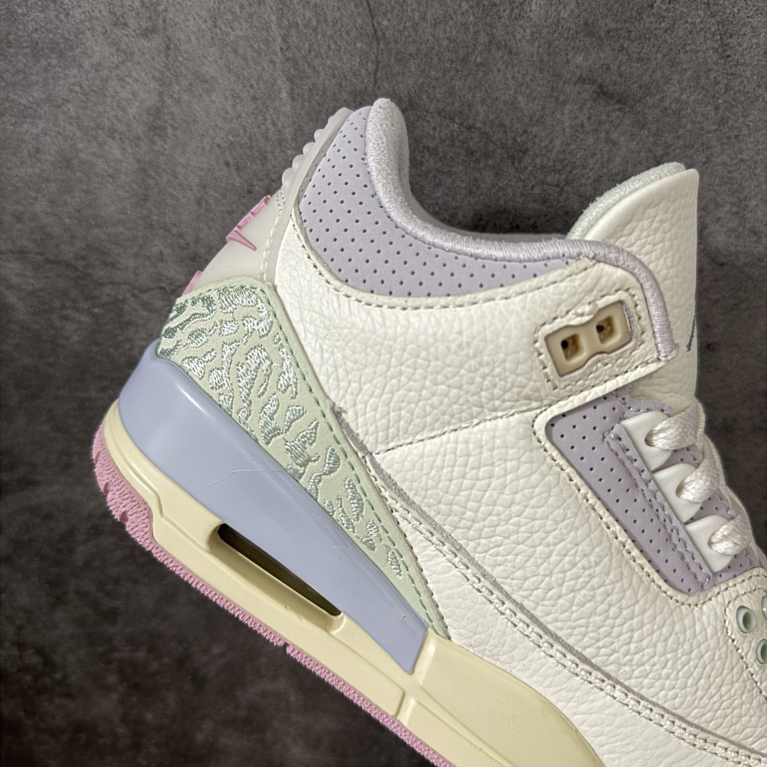 图片[7]-【外贸版】Air Jordan 3 Retro \”Easter\” AJ3 乔3马卡龙色系 IF4396-100  #通体采用纯白皮革打造，辅以浅绿、柔蓝、淡紫、婴儿粉等马卡龙色系点缀。奶白色中底收尾成型，丰富视觉层次，提升质感表现。整双鞋色调柔和克制、搭配协调，不浮夸却氛围感十足。经典爆裂纹由刺绣工艺替代传统压纹材质。光面皮革之上，以刺绣线条勾勒出更简洁、近似迷彩的视觉效果。半透明后跟织唛上，Nike Air 标识以柔和婴儿粉呈现，延续整鞋春日浅色系主题。  尺码：36 36.5 37.5 38 38.5 39 40 40.5 41 42 42.5 43 44 44.5 45 46 47.5-选品中心