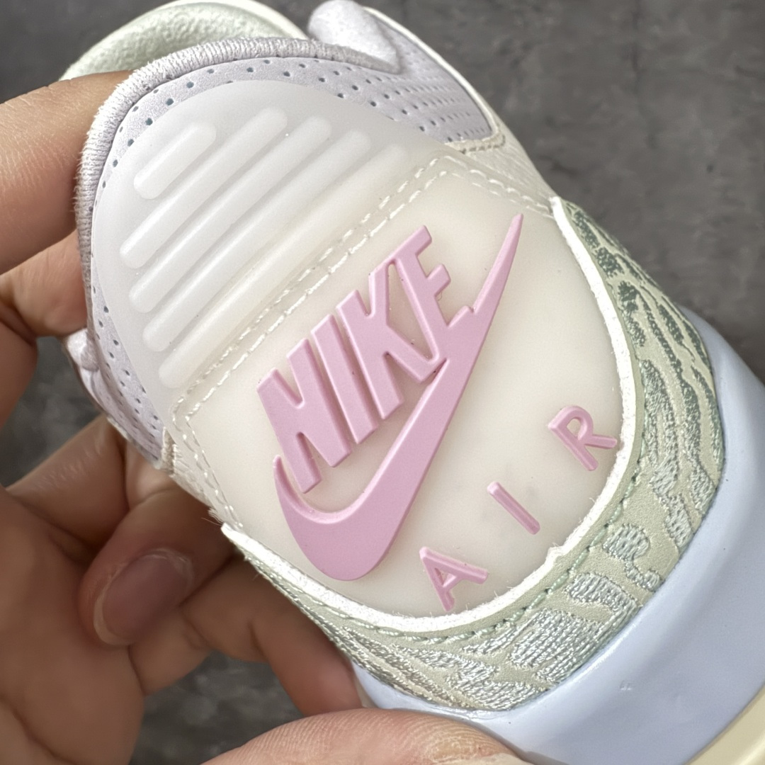 图片[2]-【外贸版】Air Jordan 3 Retro \”Easter\” AJ3 乔3马卡龙色系 IF4396-100  #通体采用纯白皮革打造，辅以浅绿、柔蓝、淡紫、婴儿粉等马卡龙色系点缀。奶白色中底收尾成型，丰富视觉层次，提升质感表现。整双鞋色调柔和克制、搭配协调，不浮夸却氛围感十足。经典爆裂纹由刺绣工艺替代传统压纹材质。光面皮革之上，以刺绣线条勾勒出更简洁、近似迷彩的视觉效果。半透明后跟织唛上，Nike Air 标识以柔和婴儿粉呈现，延续整鞋春日浅色系主题。  尺码：36 36.5 37.5 38 38.5 39 40 40.5 41 42 42.5 43 44 44.5 45 46 47.5-选品中心