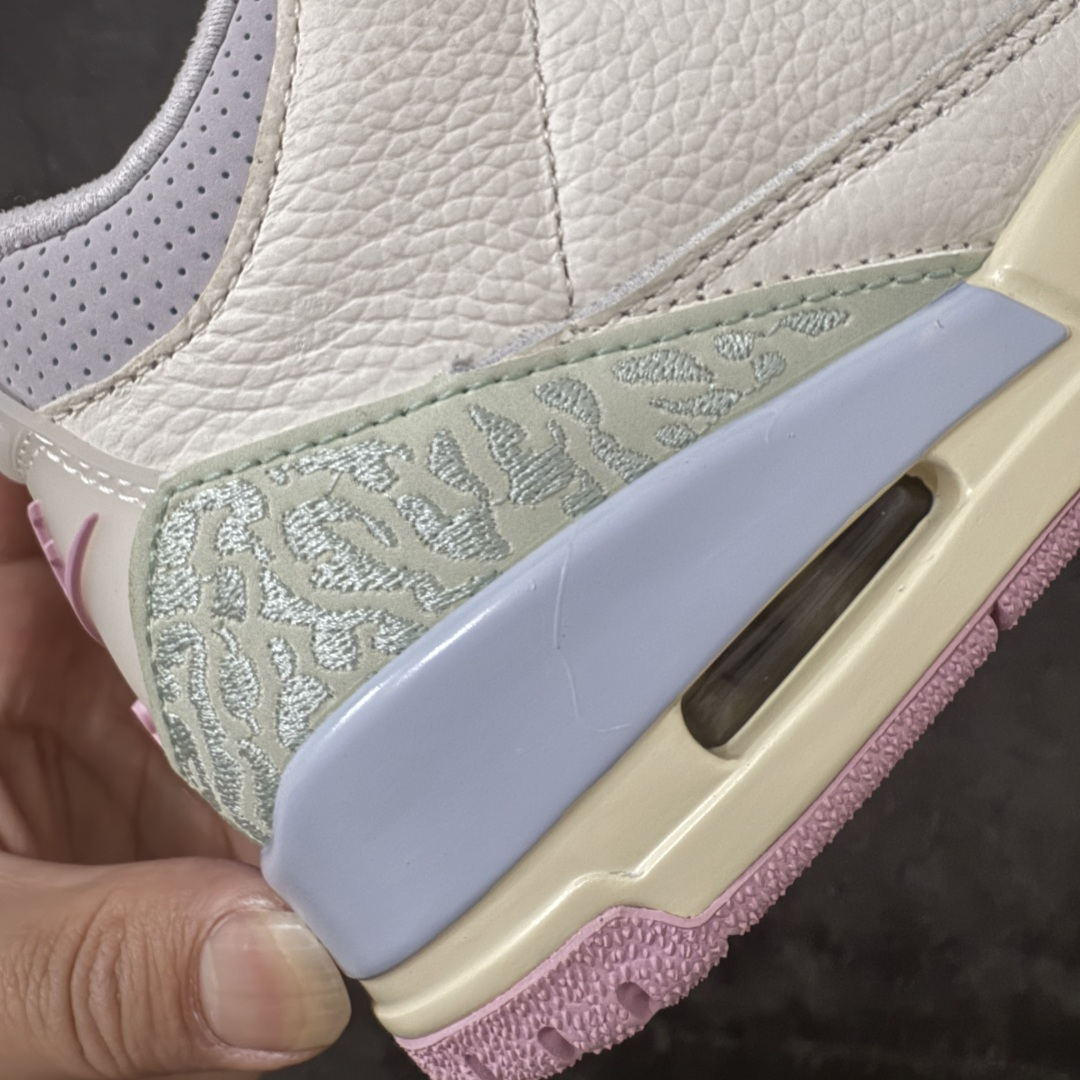图片[3]-【外贸版】Air Jordan 3 Retro \”Easter\” AJ3 乔3马卡龙色系 IF4396-100  #通体采用纯白皮革打造，辅以浅绿、柔蓝、淡紫、婴儿粉等马卡龙色系点缀。奶白色中底收尾成型，丰富视觉层次，提升质感表现。整双鞋色调柔和克制、搭配协调，不浮夸却氛围感十足。经典爆裂纹由刺绣工艺替代传统压纹材质。光面皮革之上，以刺绣线条勾勒出更简洁、近似迷彩的视觉效果。半透明后跟织唛上，Nike Air 标识以柔和婴儿粉呈现，延续整鞋春日浅色系主题。  尺码：36 36.5 37.5 38 38.5 39 40 40.5 41 42 42.5 43 44 44.5 45 46 47.5-选品中心