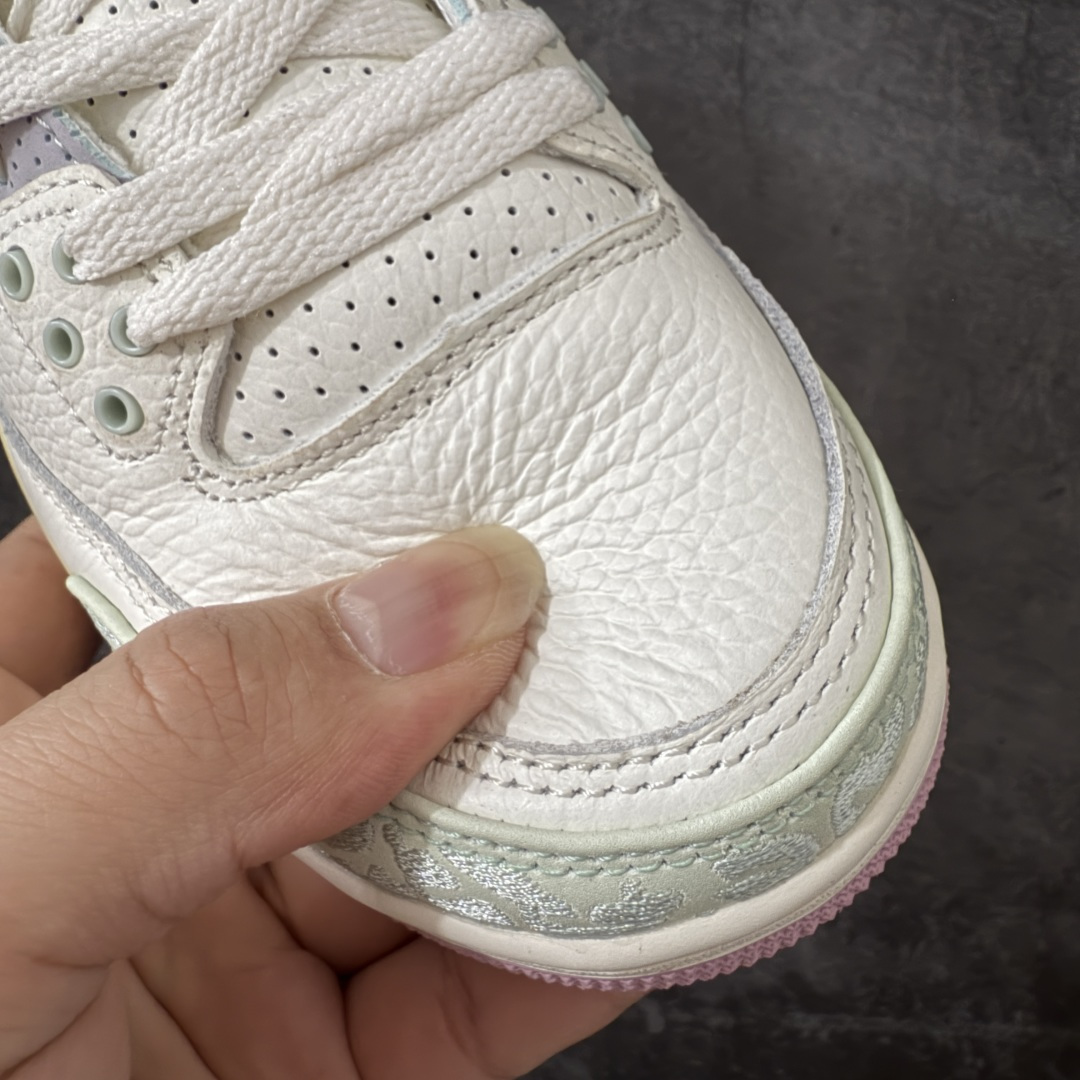 图片[5]-【外贸版】Air Jordan 3 Retro \”Easter\” AJ3 乔3马卡龙色系 IF4396-100  #通体采用纯白皮革打造，辅以浅绿、柔蓝、淡紫、婴儿粉等马卡龙色系点缀。奶白色中底收尾成型，丰富视觉层次，提升质感表现。整双鞋色调柔和克制、搭配协调，不浮夸却氛围感十足。经典爆裂纹由刺绣工艺替代传统压纹材质。光面皮革之上，以刺绣线条勾勒出更简洁、近似迷彩的视觉效果。半透明后跟织唛上，Nike Air 标识以柔和婴儿粉呈现，延续整鞋春日浅色系主题。  尺码：36 36.5 37.5 38 38.5 39 40 40.5 41 42 42.5 43 44 44.5 45 46 47.5-选品中心