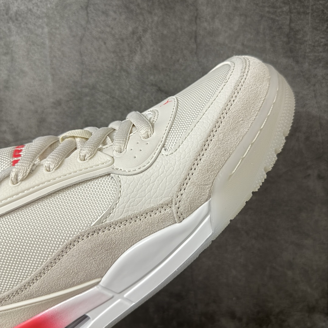 图片[6]-【纯原N版】Air Jordan aj3 Ultra Low 低帮 白红 乔丹篮球鞋系列 专业aj大厂出品 细节材料区别通货 清洁度到位 完美版型 鞋款大面积采用米白与奶油色为主调，营造出柔和且高级的视觉基底，辅以浅灰与淡卡其的过渡层次，让结构更显立体却不张扬。前掌标志性的经典大象爆裂纹则以偏暖的灰褐色呈现，更显低调细腻，与外底的浅棕色相呼应。后跟处半透明灰色气垫结构增加了一丝现代感，而鞋舌细节点缀的蓝色Jordan字样成为整双鞋中少有的跳色，为整体温和配色注入一抹恰到好处的活力。后跟处Jumpman Logo及Air以蓝色装扮，鞋头迷你Jumpxman Logo也辅以蓝色示人，最后以白黑双色中底搭配灰蓝色橡胶外底及Jordann字样完善整体设计收尾 货号：II3794-001 尺码：36 36.5 37.5 38 38.5 39 40 40.5 41 42 42.5 43 44 44.5 45-选品中心