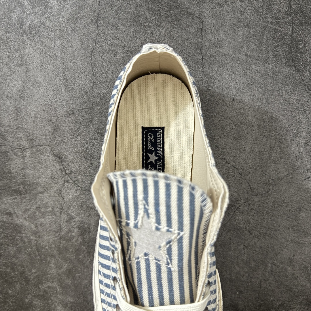 图片[8]-【公司级】Madhappy x Converse 1970s 联名 匡威官方 复古休闲做旧帆布鞋 Converse 携手洛杉矶服饰品牌Madhappy，将其加州式乐观主义精神与经典设计相结合，推出三款独特配色 Chuck 70 限定联名鞋款。 鞋款采用水洗重磅帆布、做旧包边与翻毛皮后跟构成主要结构层次，并在鞋外侧加入 Madhappy 标志性的麂皮星形标识，鞋舌以编织标签强化品牌识别，内侧搭配毛毡圆标形成对照关系。几款配色覆盖多场景穿着需求，在复古形态上延展更多材料感受。 货号：A20368C 条纹 尺码：35 36 36.5 37 37.5 38 39 39.5 40 41 41.5 42 42.5 43 44-选品中心