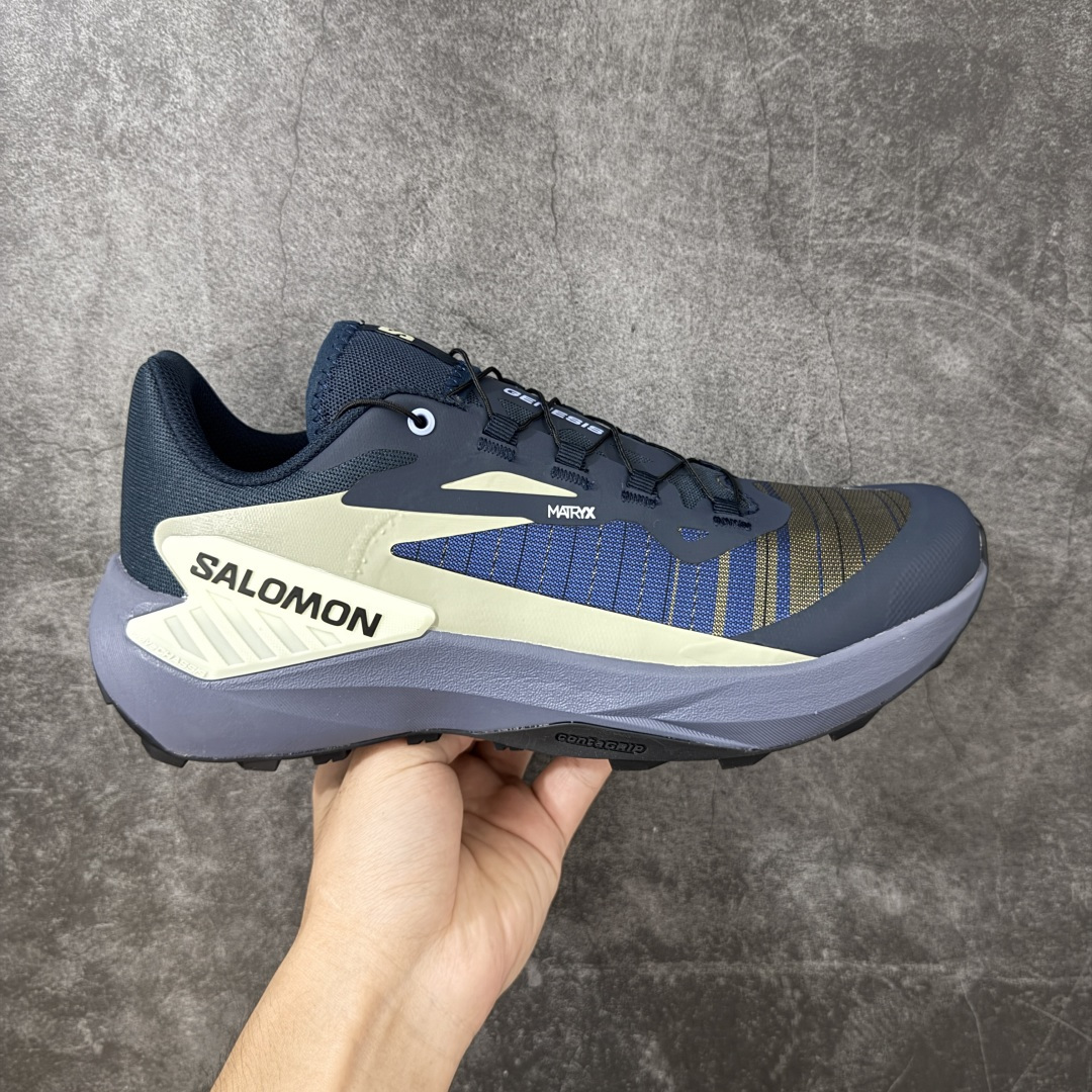 【公司级】SALOMON萨洛蒙 GENESIS 舒适减震透气 低帮越野跑鞋 中短距离越野速度利器 流线型设计出街或跑山都自带高级感 实战表现硬核：极致包裹与防滑 Matryx鞋面强韧抗撕裂，搭配Quicklace快速系带，一拉即紧。下坡时包裹感极佳，完全不担心黑脚趾; Contagrip大底抓地力在线，碎石路面也能稳稳把控。 -路感清晰，推进力强：EnergyFOAM中底不算夸张厚，但回弹干脆。配合后跟TPU稳定片，侧向支撑极高，提速和变向非常灵敏。鞋楦偏窄且前掌不宽，高脚背或宽脚星人强烈建议买大半码到一码，预留防顶脚空间。 适用场景：专为50km以内的中短距离设计。前掌偏薄，超长距离后半程可能会觉得缓震不足;大体重跑者建议仅用于短距离训练。 这是一双轻巧、灵活、适合进阶跑者冲成绩的短距离利器，路感和下坡能力越强的人越会爱它! 货号：474432 尺码：36 36.5 37.5 38 38.5 39 40 40.5 41 42 42.5 43 44 44.5 45-选品中心