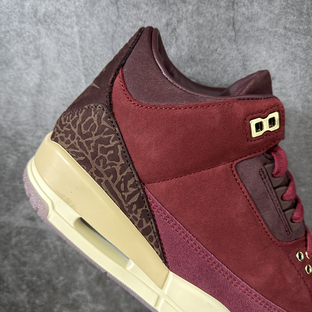 图片[7]-【XP纯原】Jordan Air Jordan 3 OG Premium Bin 23 AJ3复古红酒 鞋面，鞋舌，反口里，全鞋垫均为高级麂皮材质。整鞋皮料用料约为8尺，等同2双乔4皮料用量。 bn\\t对成本46元)，金属鞋带孔，木纹高质感鞋盒无不还原\\t半透RB大底，产自喜马拉雅山雪松木质加金属鞋撑(每\\t 限量奢华属性。 鞋舌标志性蜡封Bin23图案。鞋垫皮料冲裁后雕刻，压高频，再与PU贴合，继而电脑针车。后套由原来的TPU变成皮料，裁完贴胶膜，高频，贴补强再改刀，再雕刻字体。从原鞋到位到样品出货历时3月 鞋舌内里织唛为流水编码，契合原鞋限量编号。中底Coconut Milk涂装，刻意加入氧化泛黄做旧效果，营造复古氛围。后跟Logo回归元年\”Nike Air\”字样，采用平面化、简约化的印压工艺。 尺码：40-48.5（含45.5）-选品中心