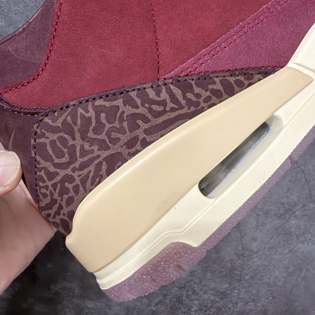 图片[3]-【XP纯原】Jordan Air Jordan 3 OG Premium Bin 23 AJ3复古红酒 鞋面，鞋舌，反口里，全鞋垫均为高级麂皮材质。整鞋皮料用料约为8尺，等同2双乔4皮料用量。 bn\\t对成本46元)，金属鞋带孔，木纹高质感鞋盒无不还原\\t半透RB大底，产自喜马拉雅山雪松木质加金属鞋撑(每\\t 限量奢华属性。 鞋舌标志性蜡封Bin23图案。鞋垫皮料冲裁后雕刻，压高频，再与PU贴合，继而电脑针车。后套由原来的TPU变成皮料，裁完贴胶膜，高频，贴补强再改刀，再雕刻字体。从原鞋到位到样品出货历时3月 鞋舌内里织唛为流水编码，契合原鞋限量编号。中底Coconut Milk涂装，刻意加入氧化泛黄做旧效果，营造复古氛围。后跟Logo回归元年\”Nike Air\”字样，采用平面化、简约化的印压工艺。 尺码：40-48.5（含45.5）-选品中心