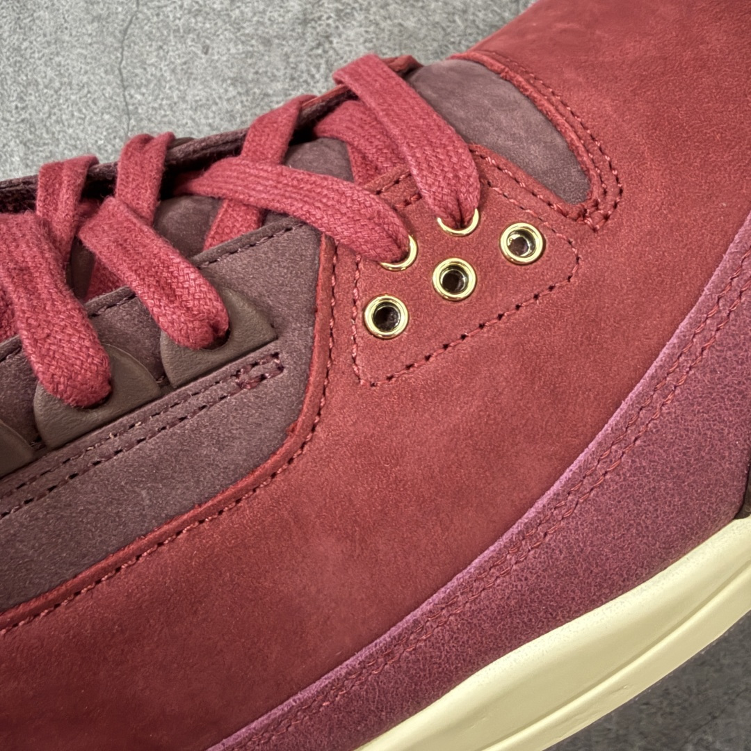 图片[5]-【XP纯原】Jordan Air Jordan 3 OG Premium Bin 23 AJ3复古红酒 鞋面，鞋舌，反口里，全鞋垫均为高级麂皮材质。整鞋皮料用料约为8尺，等同2双乔4皮料用量。 bn\\t对成本46元)，金属鞋带孔，木纹高质感鞋盒无不还原\\t半透RB大底，产自喜马拉雅山雪松木质加金属鞋撑(每\\t 限量奢华属性。 鞋舌标志性蜡封Bin23图案。鞋垫皮料冲裁后雕刻，压高频，再与PU贴合，继而电脑针车。后套由原来的TPU变成皮料，裁完贴胶膜，高频，贴补强再改刀，再雕刻字体。从原鞋到位到样品出货历时3月 鞋舌内里织唛为流水编码，契合原鞋限量编号。中底Coconut Milk涂装，刻意加入氧化泛黄做旧效果，营造复古氛围。后跟Logo回归元年\”Nike Air\”字样，采用平面化、简约化的印压工艺。 尺码：40-48.5（含45.5）-选品中心