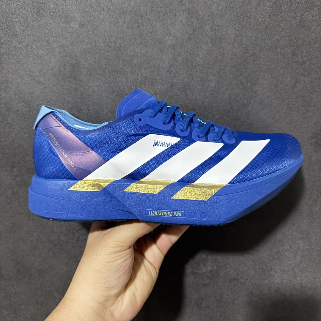 【公司级】Adidas Adizero Pro 4 M 阿迪超轻透气缓震跑鞋   整体外观造型与adiZero Adios Pro EVO 1非常相似 中底配置方面搭载全掌Lightstrike Pro 鞋面采用透气网面示人 契合日常训练鞋的定位 更加耐用 外底给到了马牌橡胶 及上代竞速旗舰adidas Adizero Adios Pro 3区域分布 货号： JP6622 尺码：36-45-选品中心