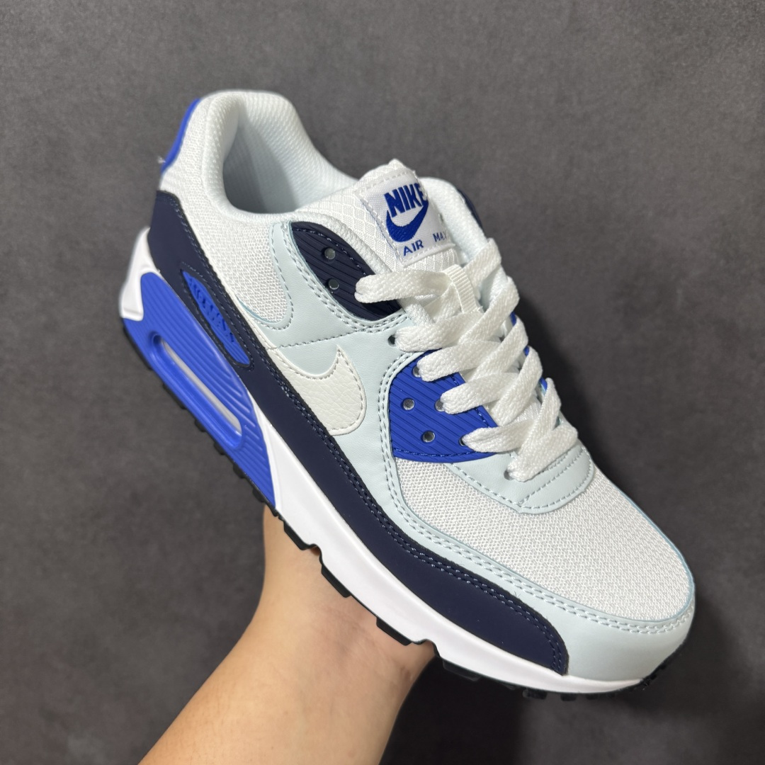 Nike Air Max 90 蓝白 男女同款 经典复古气垫跑鞋，网面拼接鞋面，后跟可视气垫，脚感舒适，日常穿搭百搭 货