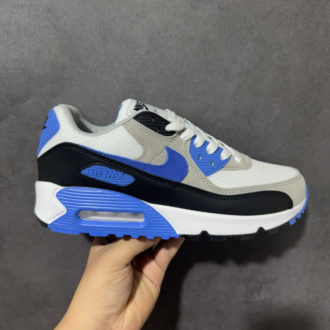 Nike Air Max 90 蓝白 男女同款 经典复古气垫跑鞋，网面拼接鞋面，后跟可视气垫，脚感舒适，日常穿搭百搭 货
