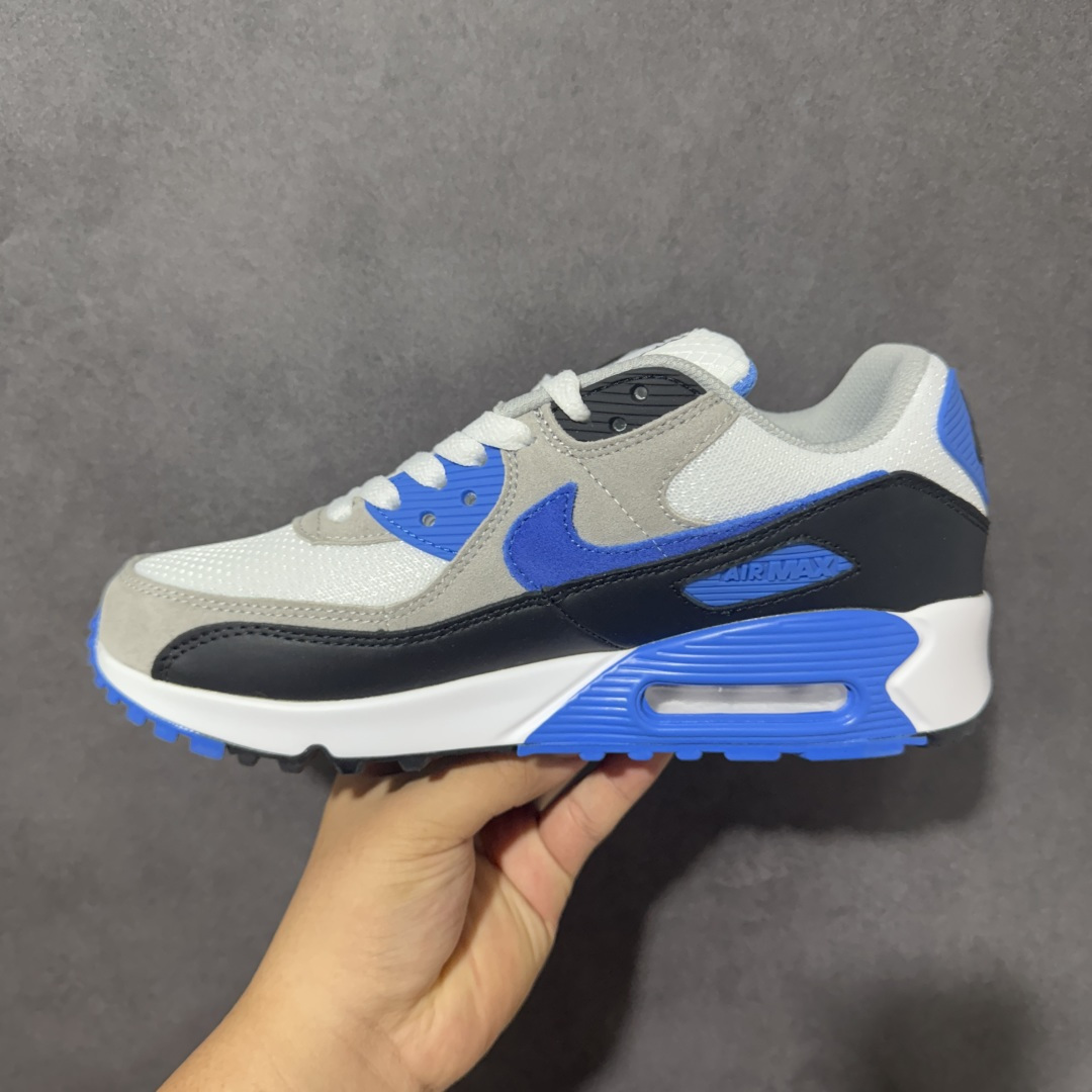 Nike Air Max 90 蓝白 男女同款 经典复古气垫跑鞋，网面拼接鞋面，后跟可视气垫，脚感舒适，日常穿搭百搭 货