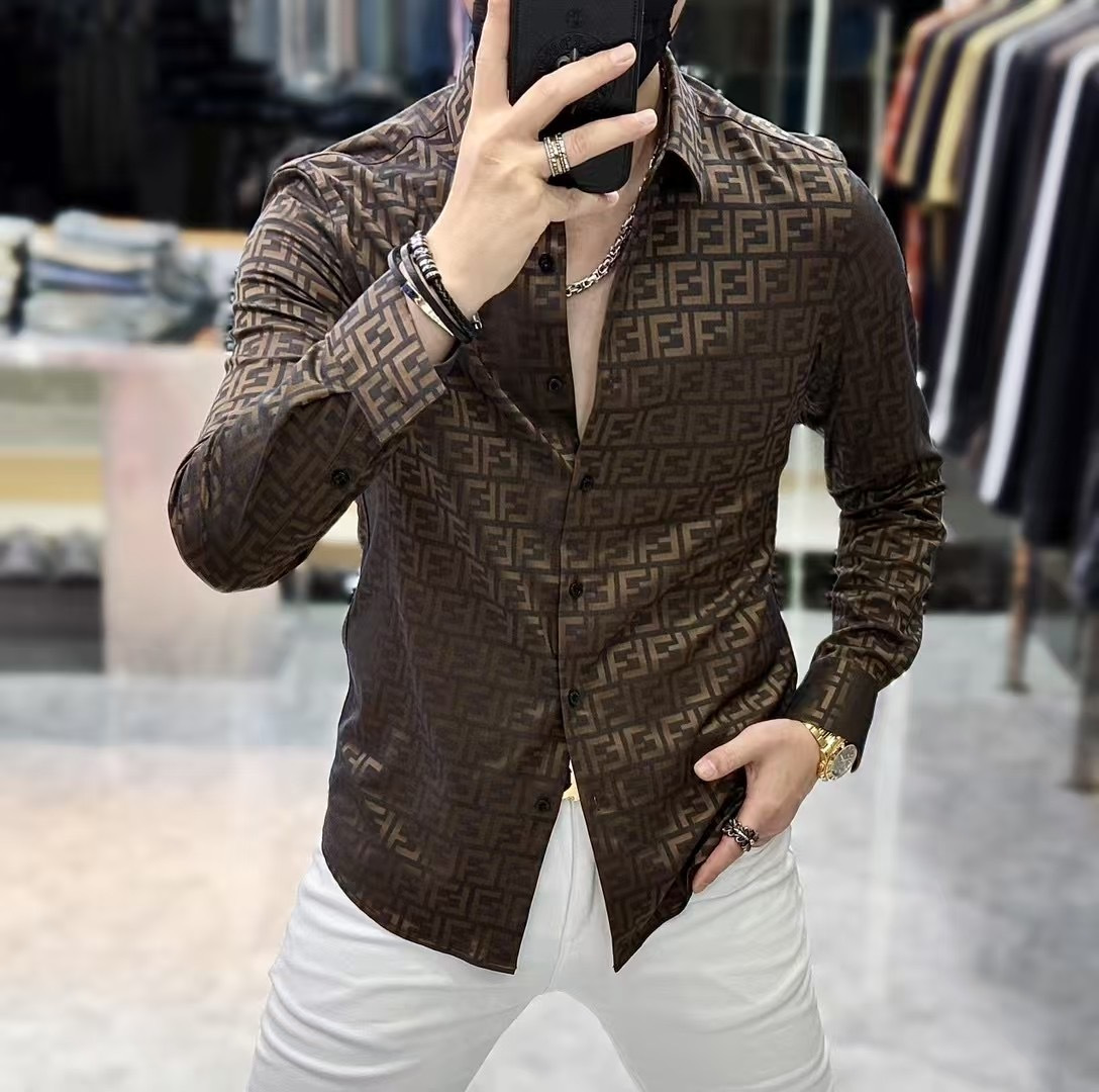 Fendi 2025SS Brown FF Logo Long Sleeve Shirt - Premium Cotton Blend, M-3XL