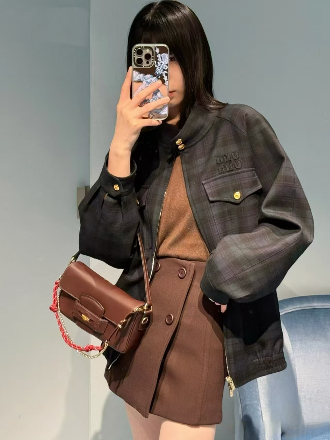 MIU MIU缪缪MM 绿格羊毛格纹夹克外套 上身效果#