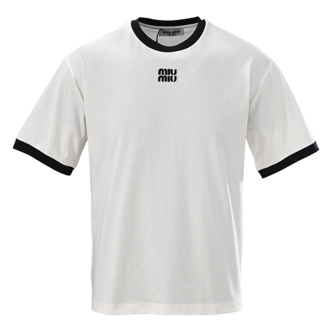 @130 (versión alta) MIU MIU 缪缪 MM camiseta de manga corta con cuello de contraste y logo bordado, comprada original por…