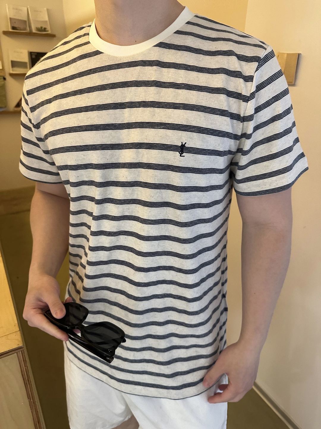 Saint Laurent圣罗兰SLP 标识黑白横条纹短袖T恤 上身效果#