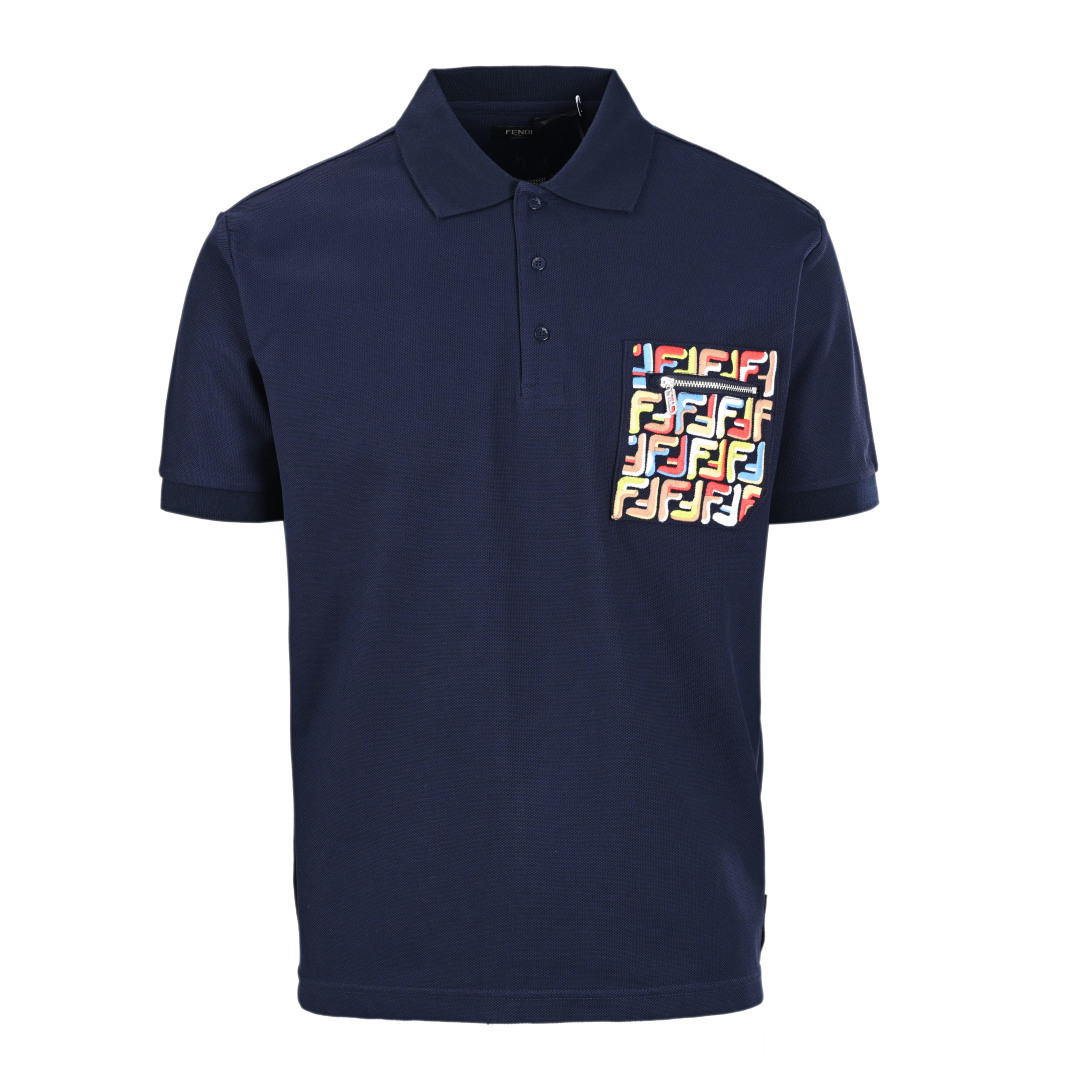 (Versión alta) Polo de manga corta FENDI FD con bolsillo y cremallera, bordado de colores FF. Tejido de algodón peinado…