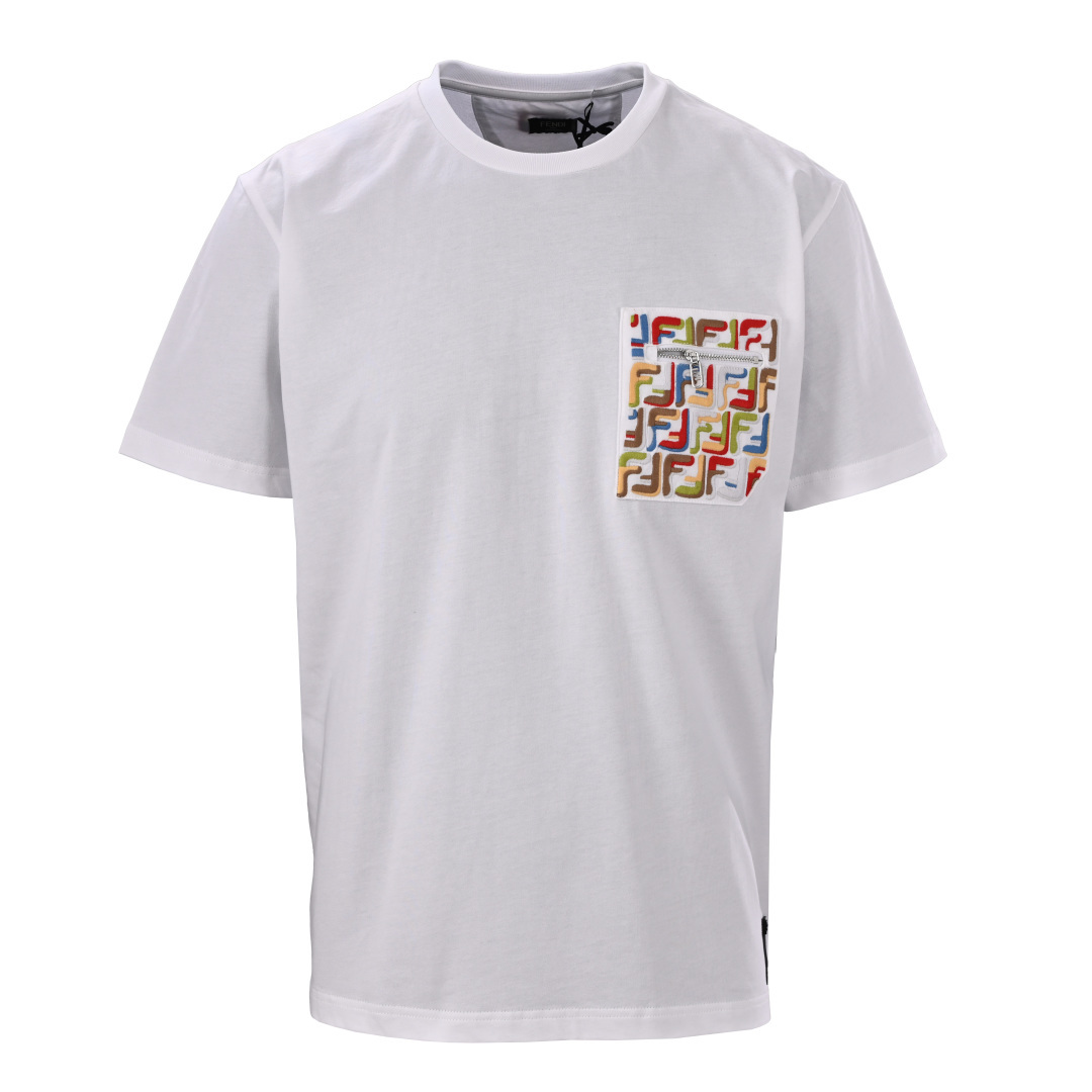 (Versión alta) Camiseta de manga corta FENDI FD con bolsillo y cremallera, bordado de colores FF. Tejido de algodón mer…