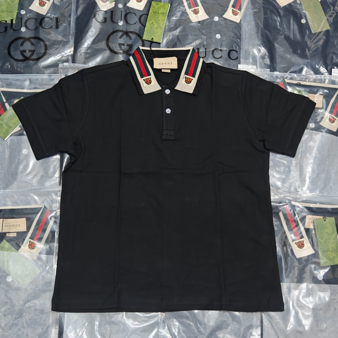 GUCCI GUC polo de manga corta con bordado de cabeza de tigre y cinta tejida roja y verde, foto real del lote