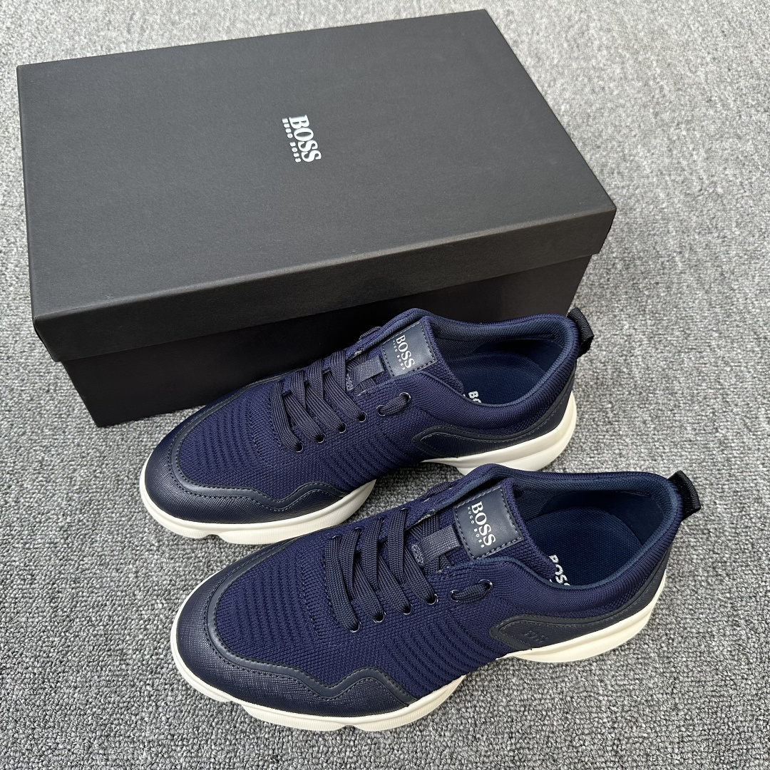 NO:278789,BOSS LOGO printed knitted sneakers This sneaker is made of textured canvas leather spliced ​​cashmere knitted fabric, the upper is embedded with calfskin trim in the same color, and is built with a light EVA special-shaped thick sole, cotton laces with metal enamel eyes, 