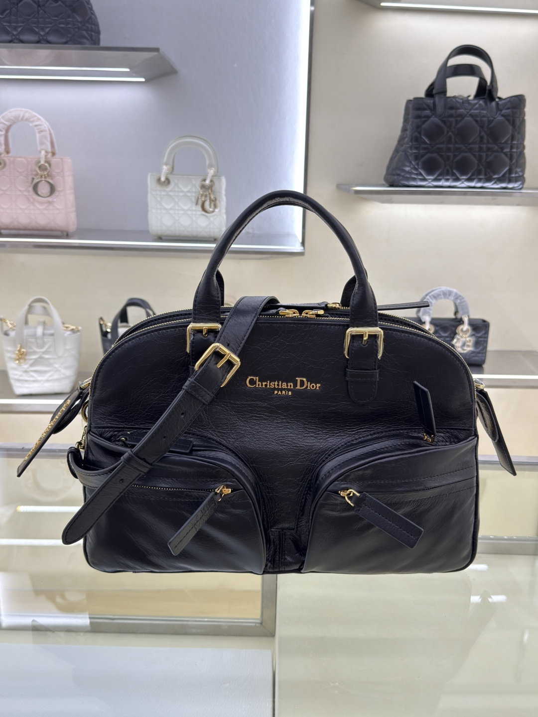 Dior Grand Tour Bowling Bag Black Wrinkled Leather with Gold Hardware