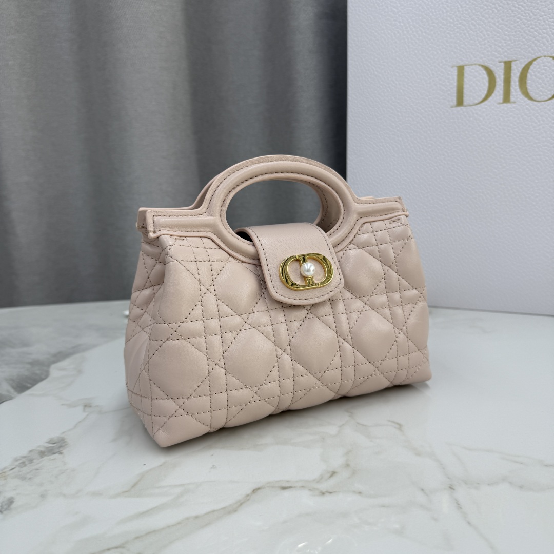 这款 Dior Jolie Top Handle 迷你链条手袋是二零二六早春成衣系列新品，呈现出优雅实用的设计。采用胭脂粉色羊皮革精心制作，饰以藤格纹，翻盖点缀以金色饰面金属 CD 标志和白色树脂珠饰。内设一个隔层，可收纳各种日常用品。搭配双顶部手柄和可调节、可拆卸 CD 链条肩带，肩带由皮革带和 CD 链环组成，饰以白色树脂珠饰，可舒适手提、肩背或斜挎，可与日常或晚装造型搭配。
主体：羊皮革
里料：羊皮革
磁性翻盖开合正面饰以 CD 扣环和白色树脂珠饰
1 个隔层
双顶部皮革手柄
可调节、可拆卸的链条饰以树脂珠饰和皮革带
意大利制造尺寸：18.5 x 13 x 8.5 厘米（长 x 高 x 宽）
可收纳 1 部手机、1 个卡夹、太阳眼镜和唇膏
编号: S3123