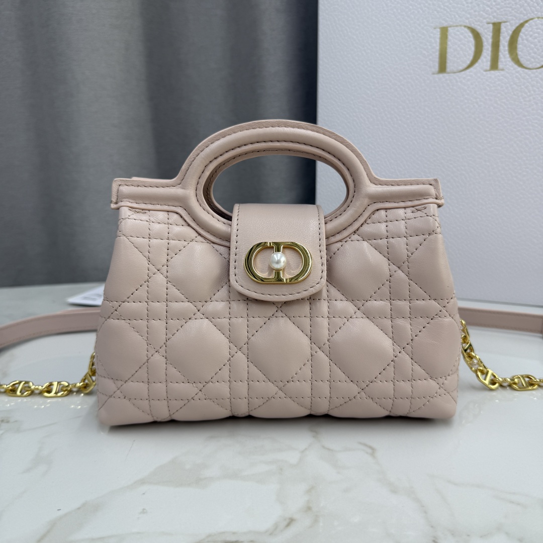 这款 Dior Jolie Top Handle 迷你链条手袋是二零二六早春成衣系列新品，呈现出优雅实用的设计。采用胭脂粉色羊皮革精心制作，饰以藤格纹，翻盖点缀以金色饰面金属 CD 标志和白色树脂珠饰。内设一个隔层，可收纳各种日常用品。搭配双顶部手柄和可调节、可拆卸 CD 链条肩带，肩带由皮革带和 CD 链环组成，饰以白色树脂珠饰，可舒适手提、肩背或斜挎，可与日常或晚装造型搭配。
主体：羊皮革
里料：羊皮革
磁性翻盖开合正面饰以 CD 扣环和白色树脂珠饰
1 个隔层
双顶部皮革手柄
可调节、可拆卸的链条饰以树脂珠饰和皮革带
意大利制造尺寸：18.5 x 13 x 8.5 厘米（长 x 高 x 宽）
可收纳 1 部手机、1 个卡夹、太阳眼镜和唇膏
编号: S3123