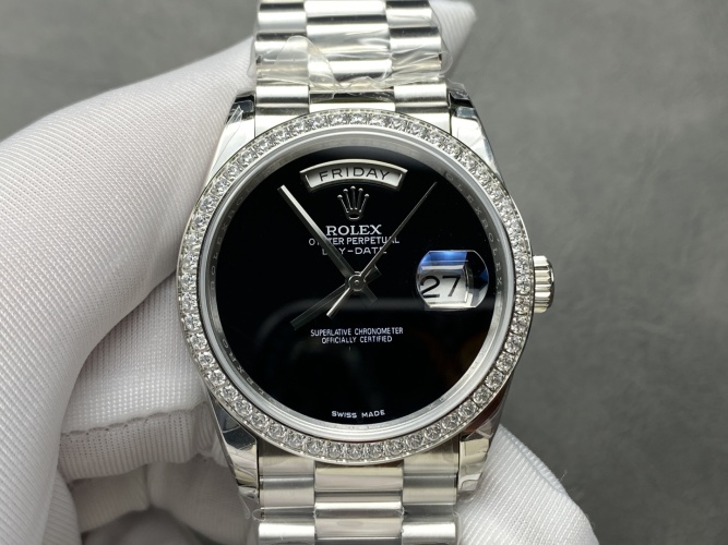 Rolex Day-Date 36mm Steel Watch with Diamond Bezel and Black Dial 1 Rolex Day-Date 36mm Steel Watch with Diamond Bezel and Black Dial