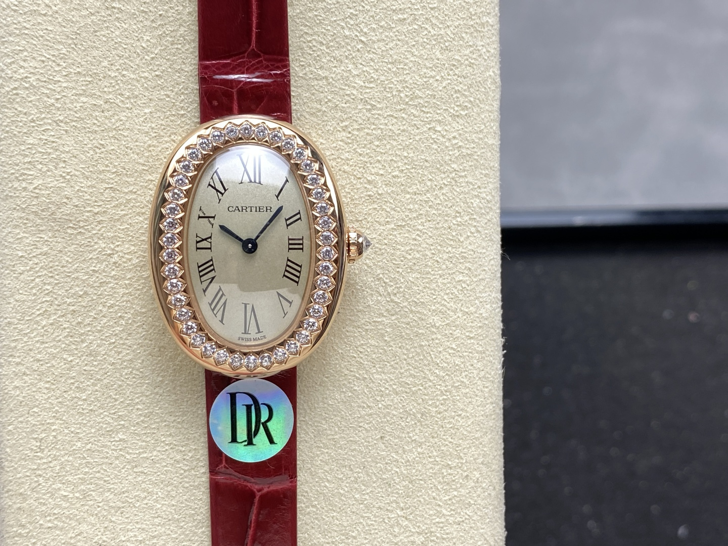 Cartier Baignoire Ladies Watch, Oval Dial, Diamond Bezel, Wine Red Leather Strap