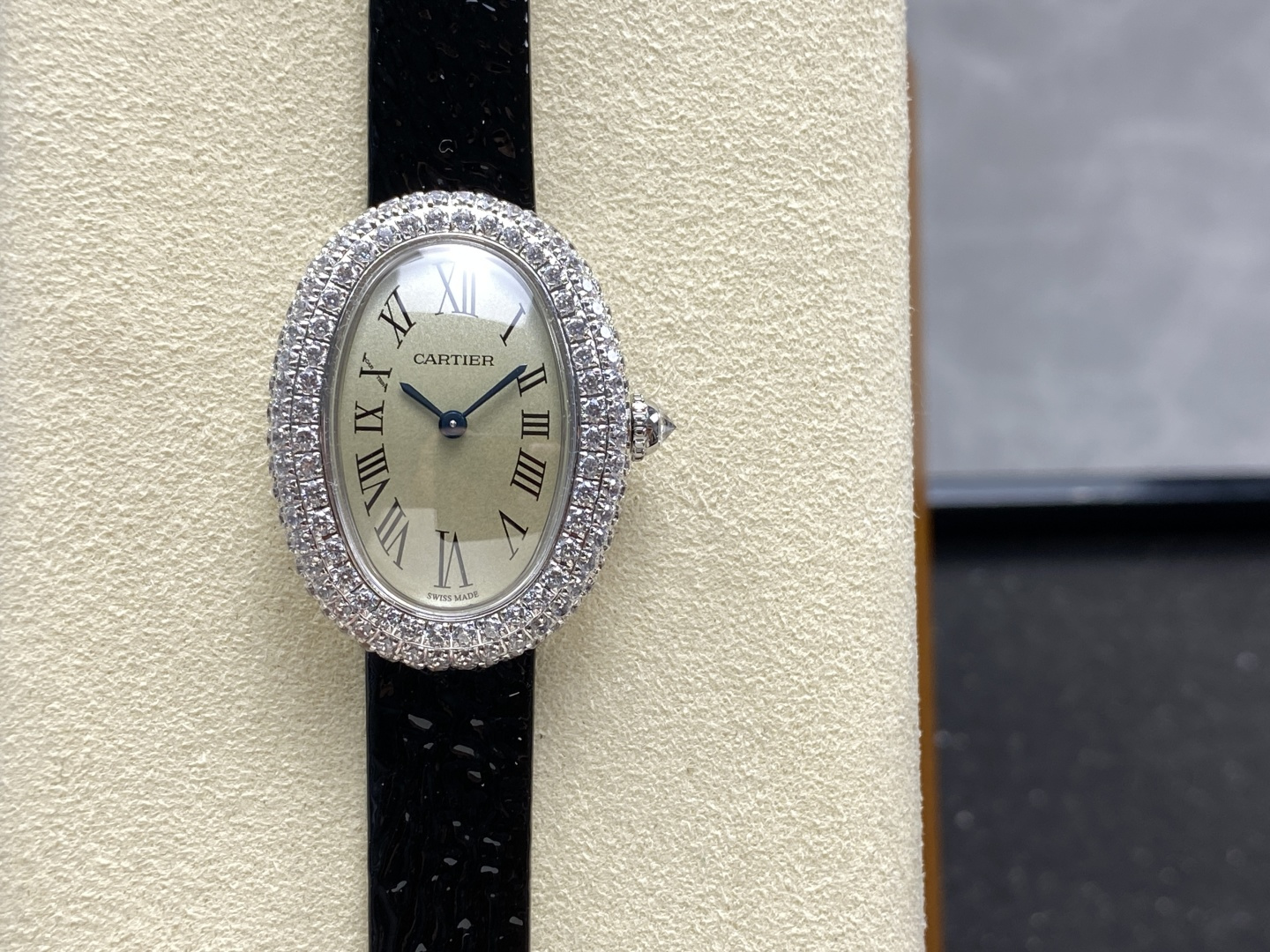 Cartier Baignoire Wrist Watch, 31.4mm, Silver Dial, Diamond Bezel, Leather Band