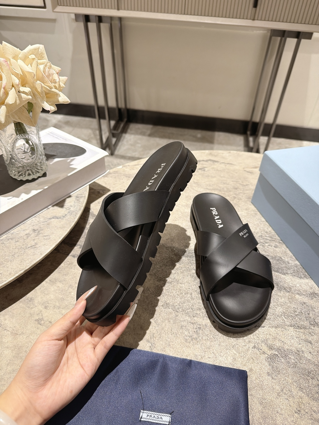 Prada Cross Strap Platform Slides