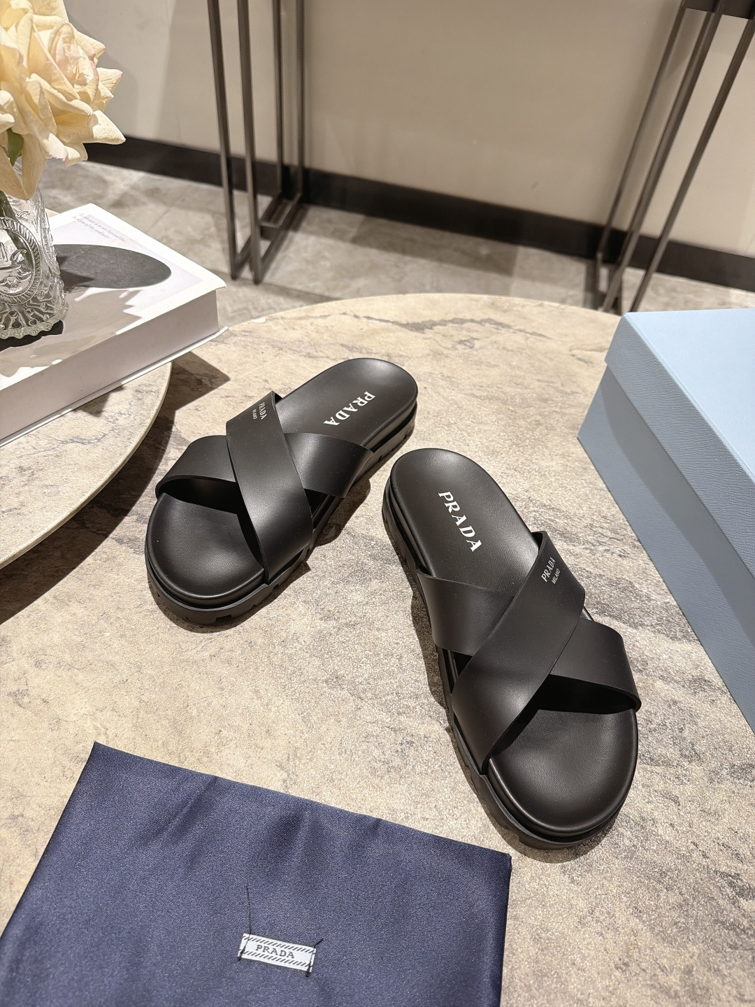 Prada Cross Strap Platform Slides