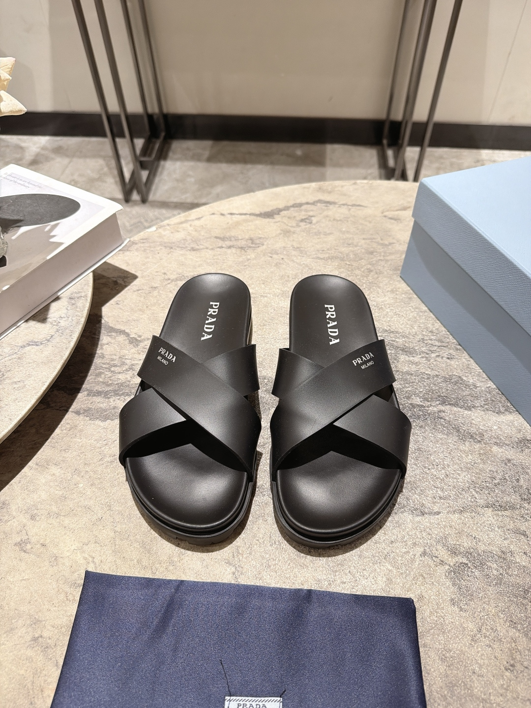 Prada Cross Strap Platform Slides