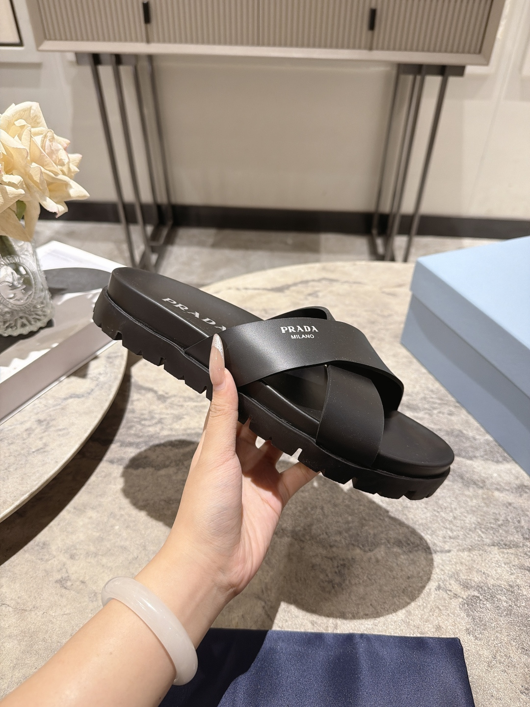 Prada Cross Strap Platform Slides