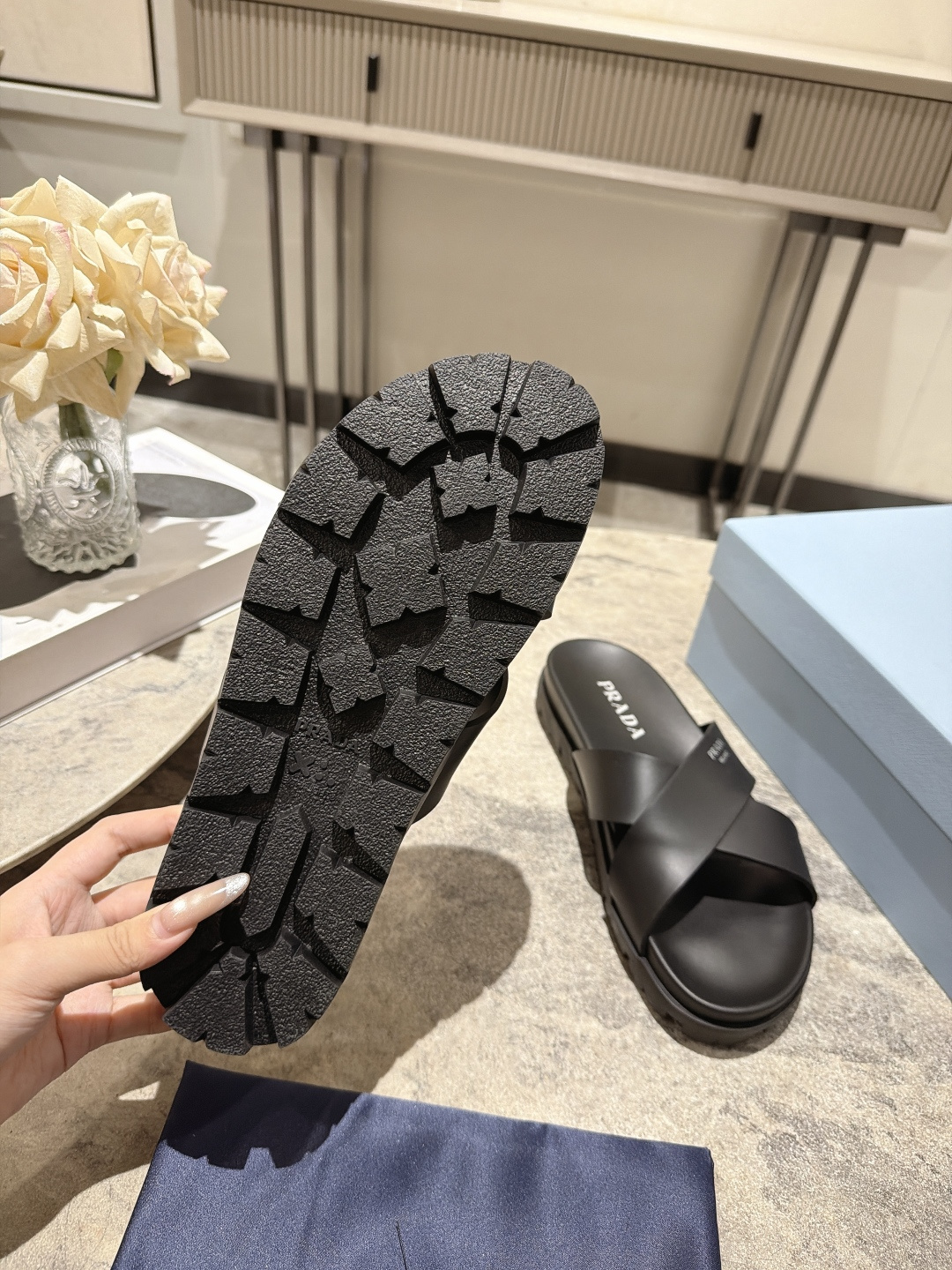 Prada Cross Strap Platform Slides