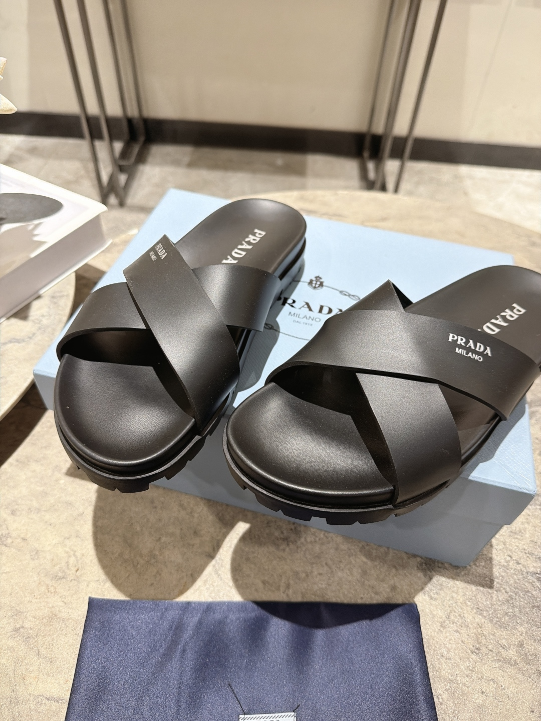 Prada Cross Strap Platform Slides