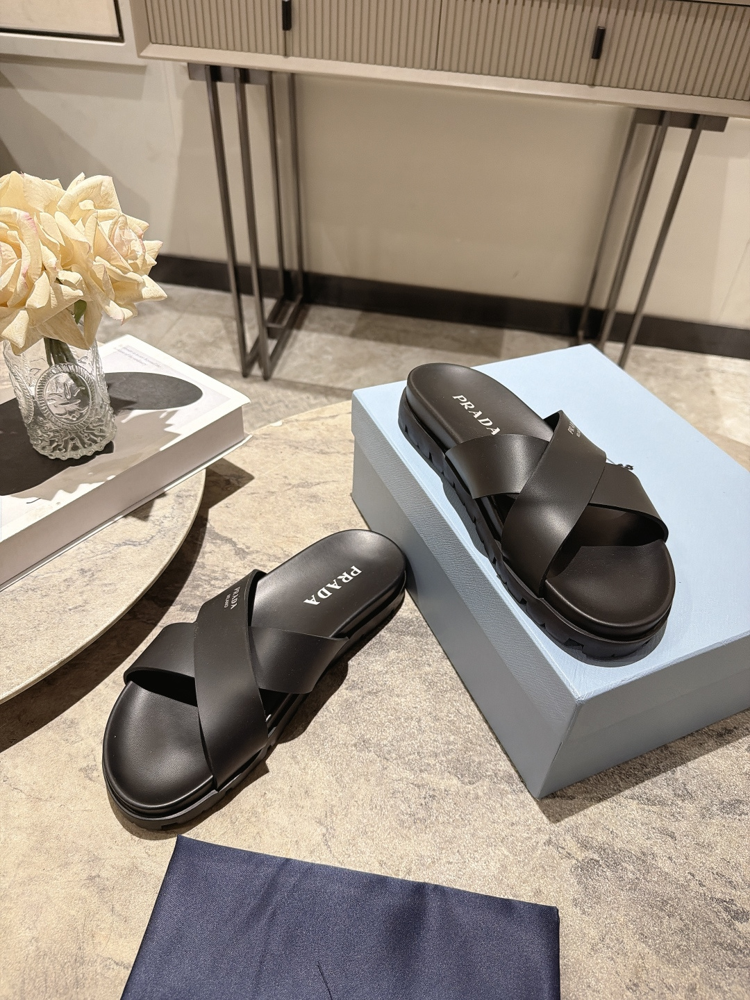 Prada Cross Strap Platform Slides