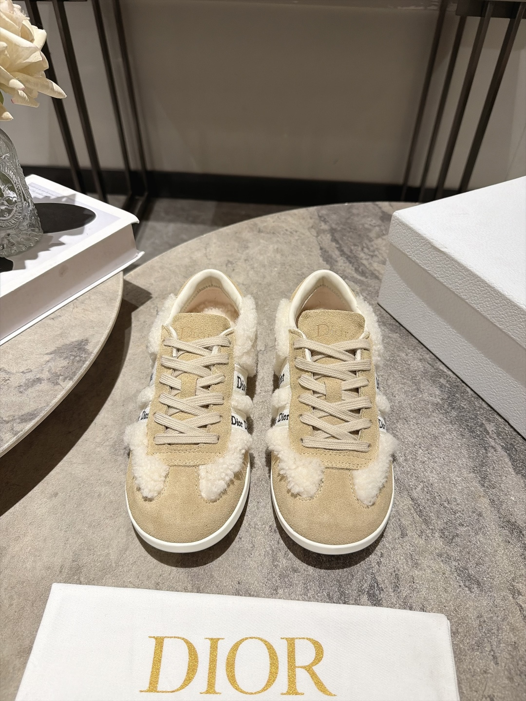 Dior Beige Fuzzy Trim Sneakers