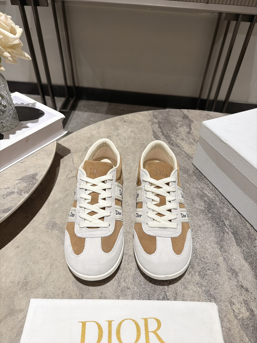 Dior White Beige Lace-Up Sneakers