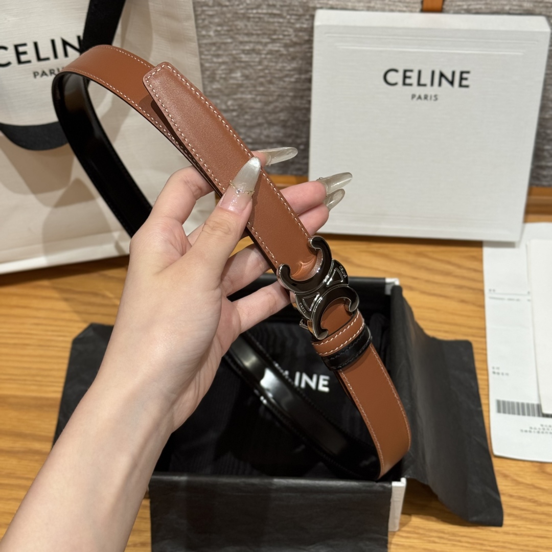 Celine TRIOMPHE 25mm Reversible Belt with Removable Buckle - Tan/Black Leather 4 cmp i1752926178970 9220 0 6