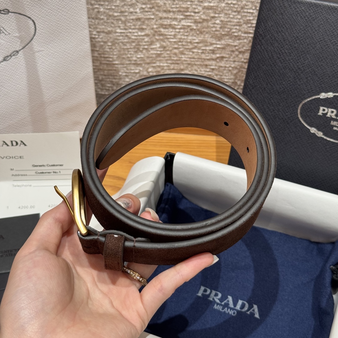 Prada Suede Leather Belt with Gold-Tone Buckle, 3.3cm Width 4 cmp i1757574027222 5392 0 8