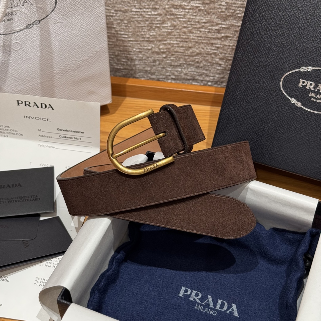 Prada Suede Leather Belt with Gold-Tone Buckle, 3.3cm Width 3 cmp i1757574027227 9614 0 1