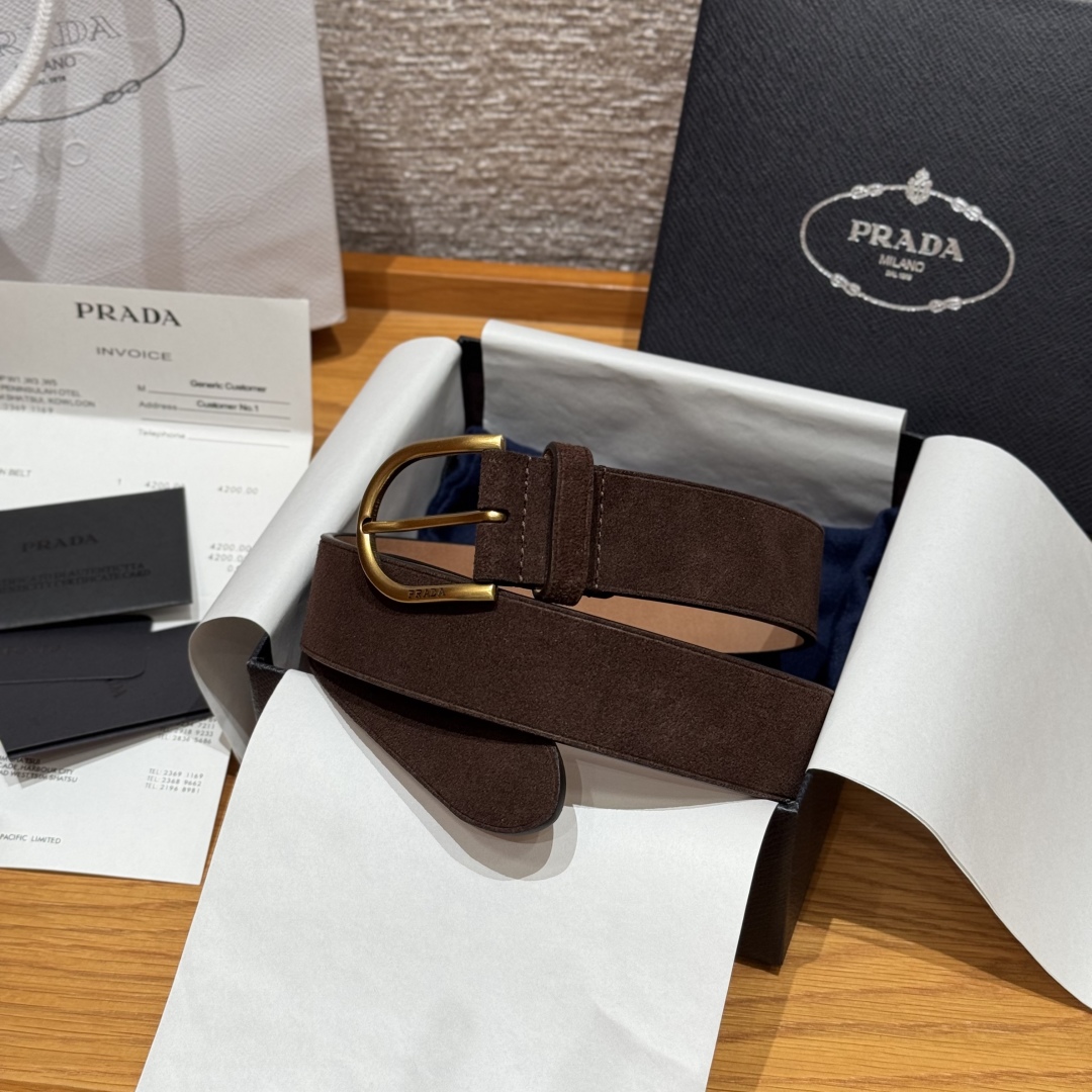 Prada Suede Leather Belt with Gold-Tone Buckle, 3.3cm Width 2 cmp i1757574027229 4933 0 0