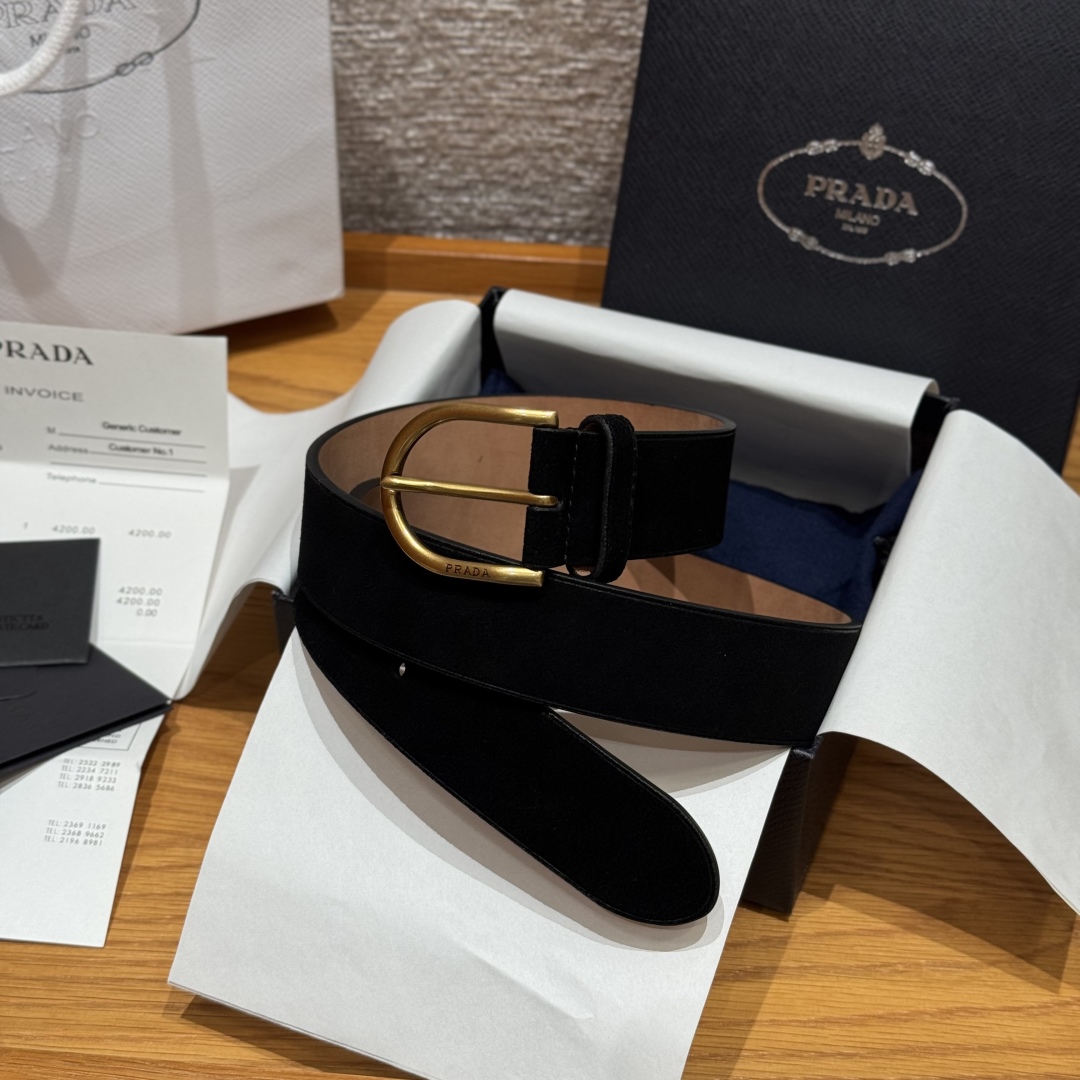 Prada Suede Leather Belt with Gold Buckle, 3.3cm Width 3 cmp i1757574085152 7668 0 0