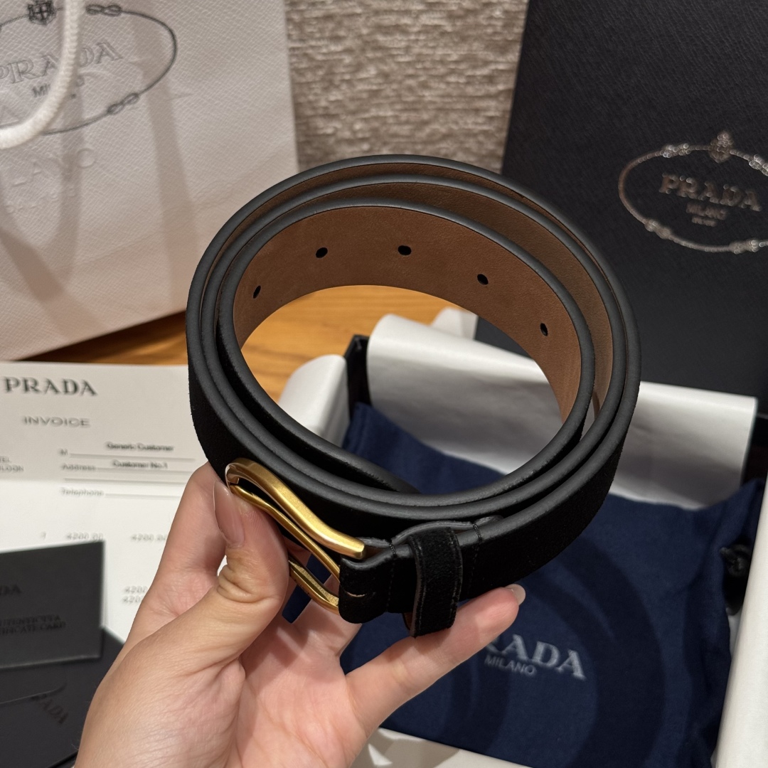 Prada Suede Leather Belt with Gold Buckle, 3.3cm Width 4 cmp i1757574085157 4068 0 3