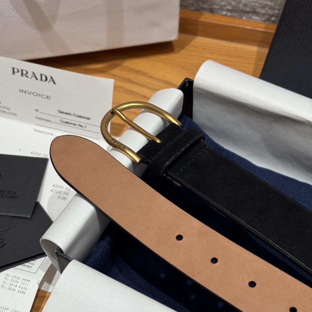 Prada Suede Leather Belt with Gold Buckle, 3.3cm Width 7 cmp i1757574085158 1036 0 5
