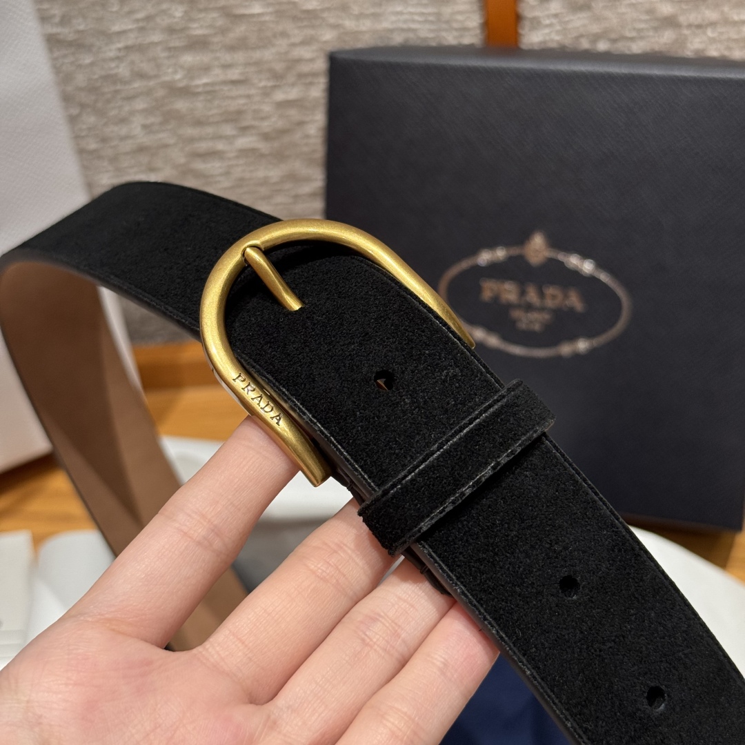 Prada Suede Leather Belt with Gold Buckle, 3.3cm Width 6 cmp i1757574086024 4149 0 7