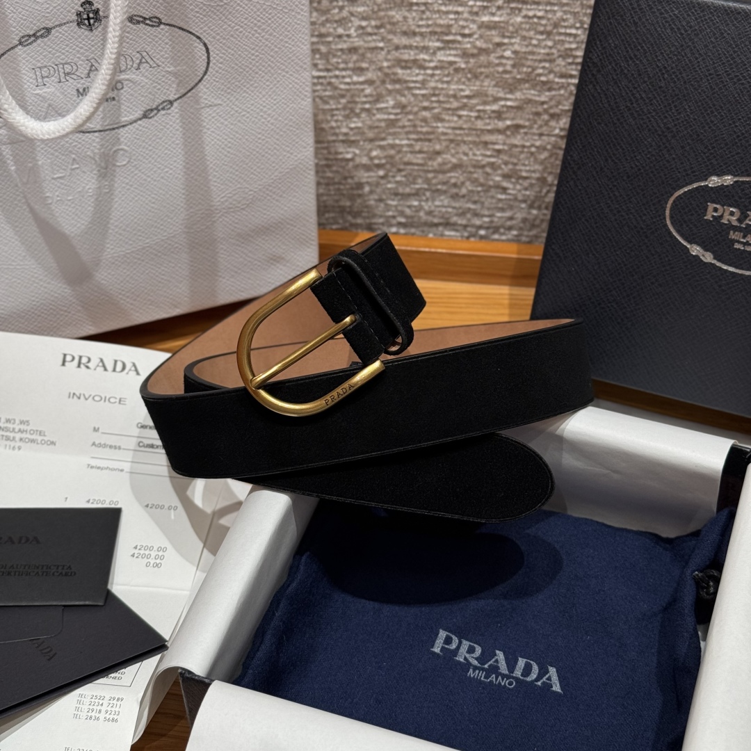 Prada Suede Leather Belt with Gold Buckle, 3.3cm Width 2 cmp i1757574086030 7361 0 1