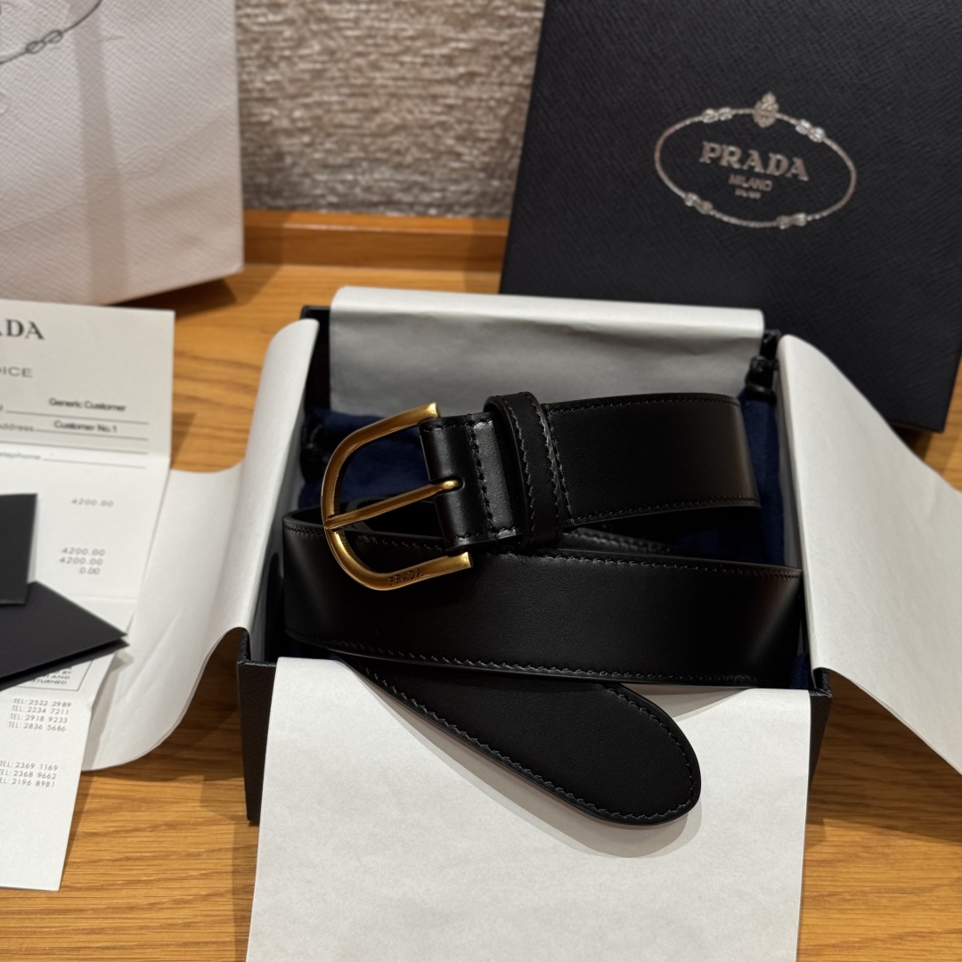 Prada Leather Belt with Gold Buckle, Classic Style for Women, Width: 3.3cm 1 cmp i1757574186602 7221 0 0
