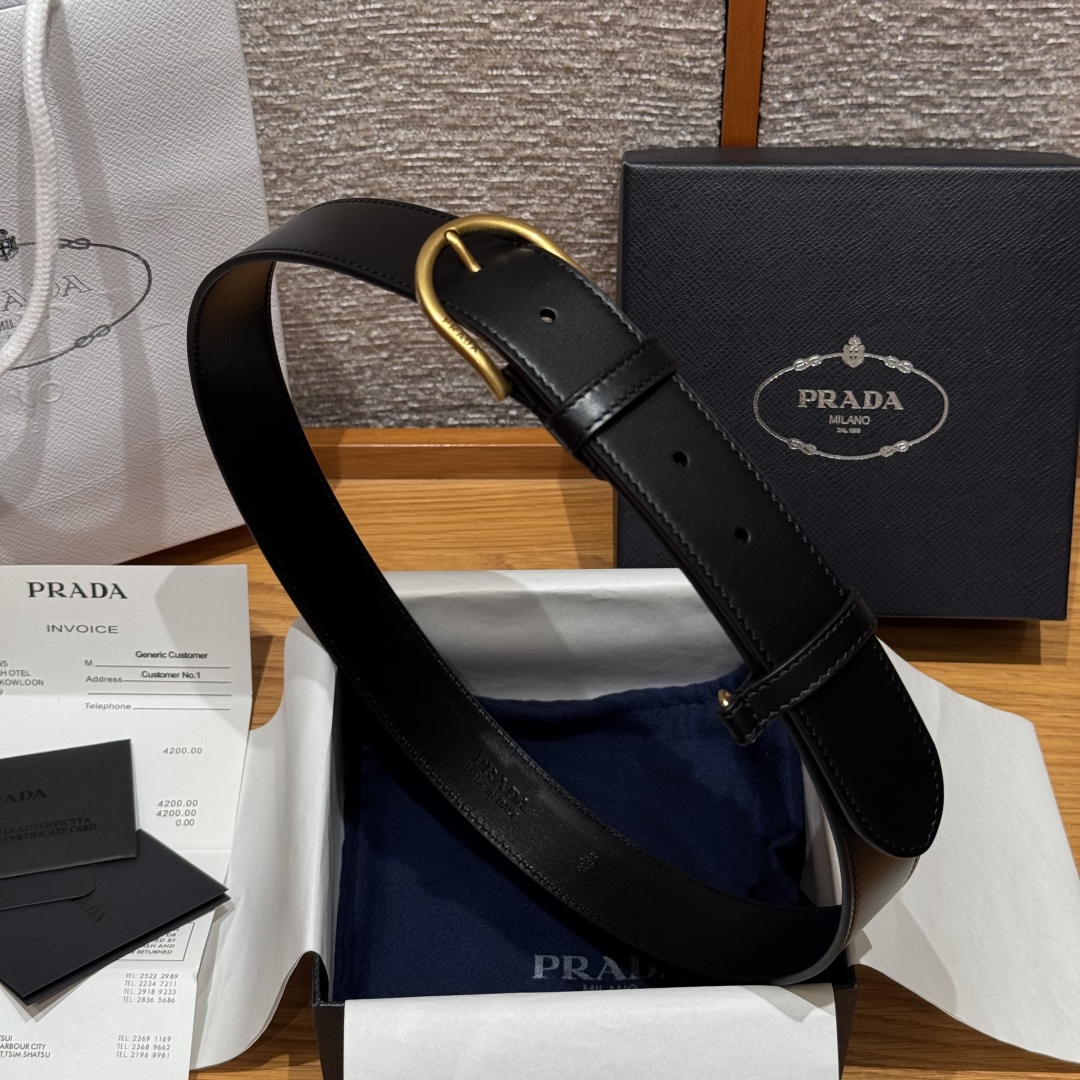 Prada Leather Belt with Gold Buckle, Classic Style for Women, Width: 3.3cm 4 cmp i1757574187098 4523 0 7